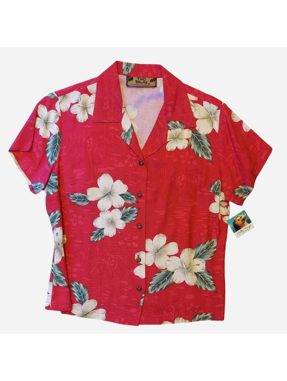 Two Palms Red Hawaiian Shirt with White & Green Floral Print